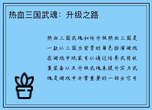 热血三国武魂：升级之路